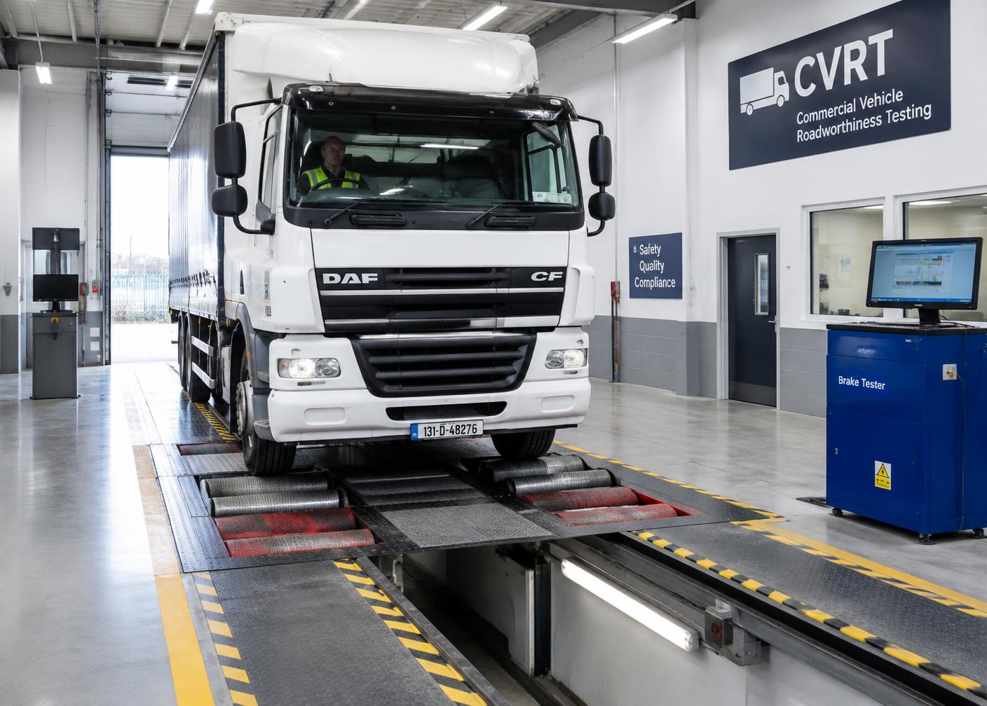 Truck on brake tester in CVRT test bay